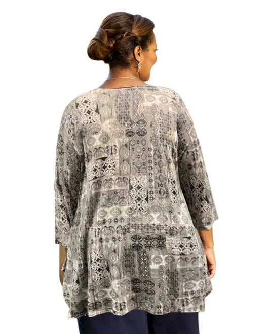 Back View of On The Plus Side Painted Winter Plus Size Foiled Orla 3/4 Sleeve Handkerchief Tunic | OTPS PAINTED WINTER