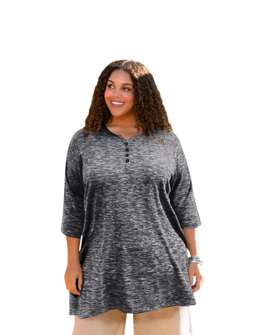 Front of Plus Size 3/4 Sleeve Heartwood Henley Tee | 015 OTPS Heathered Grey