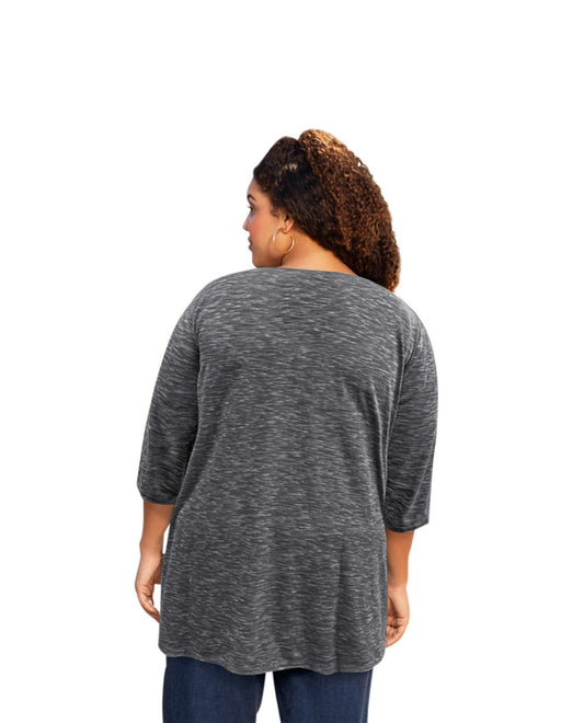 Back of Plus Size 3/4 Sleeve Heartwood Henley Tee | 015 OTPS Heathered Grey