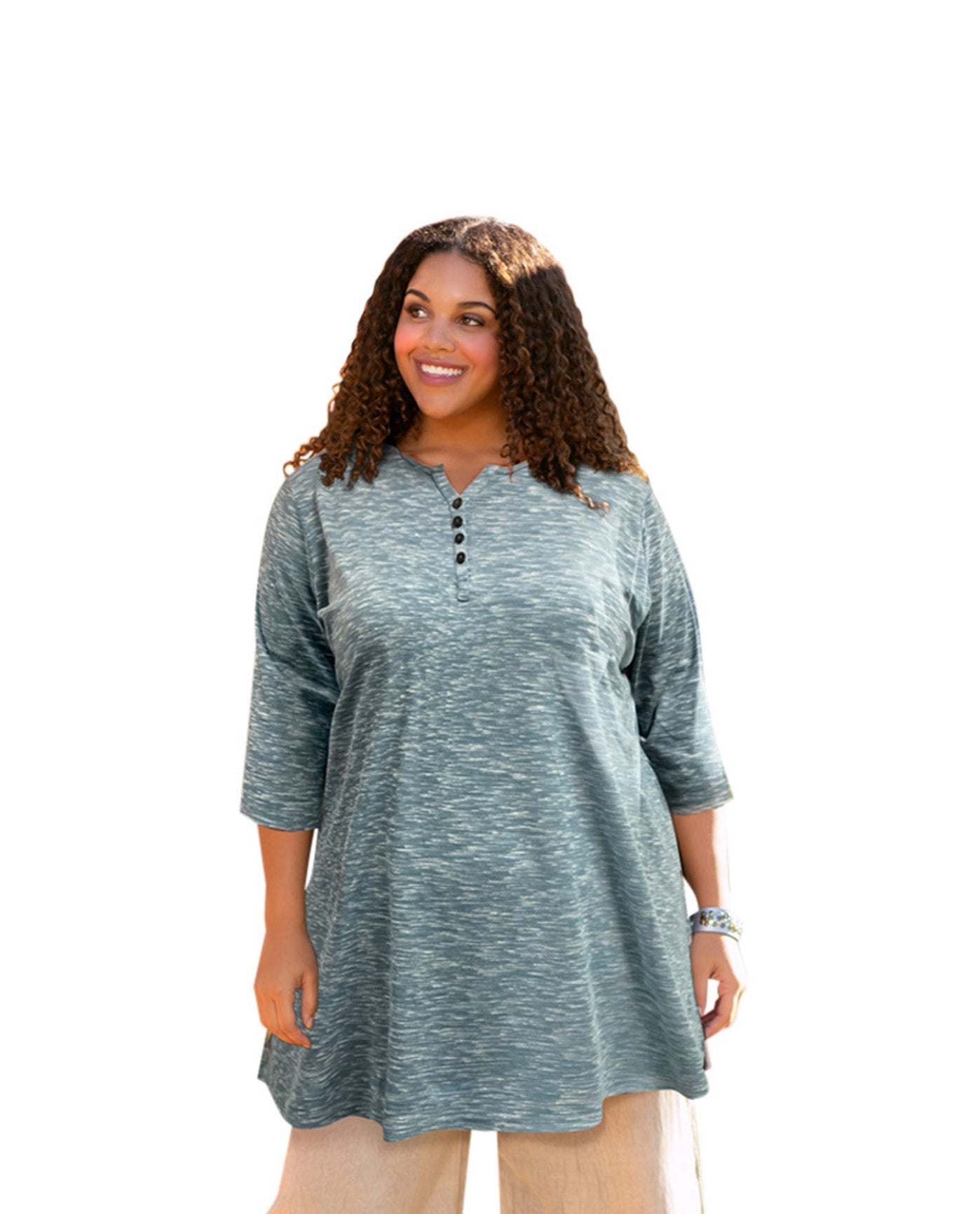 Front of Plus Size 3/4 Sleeve Heartwood Henley Tee | 045 OTPS Heathered Navy