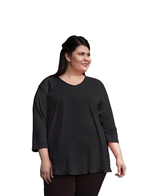 Front of Plus Size Jersey 3/4 Sleeve V-Neck Tee | 001 OTPS Black