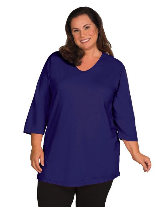 Front View of On The Plus Side Blueberry Plus Size Jersey 3/4 Sleeve V-Neck Tee | OTPS BLUEBERRY