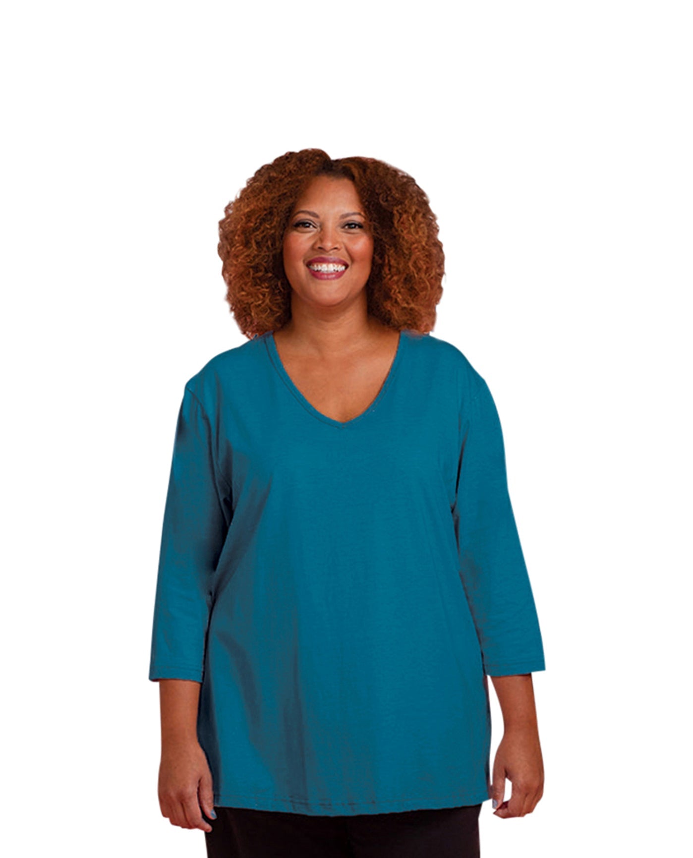 Front of Plus Size Jersey 3/4 Sleeve V-Neck Tee | 006 OTPS Deep Sea