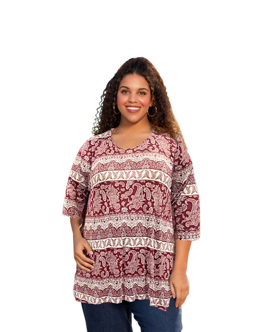 Front of Printed Matsin Plus Size Tunic | 259 OTPS Burgundy Ivory