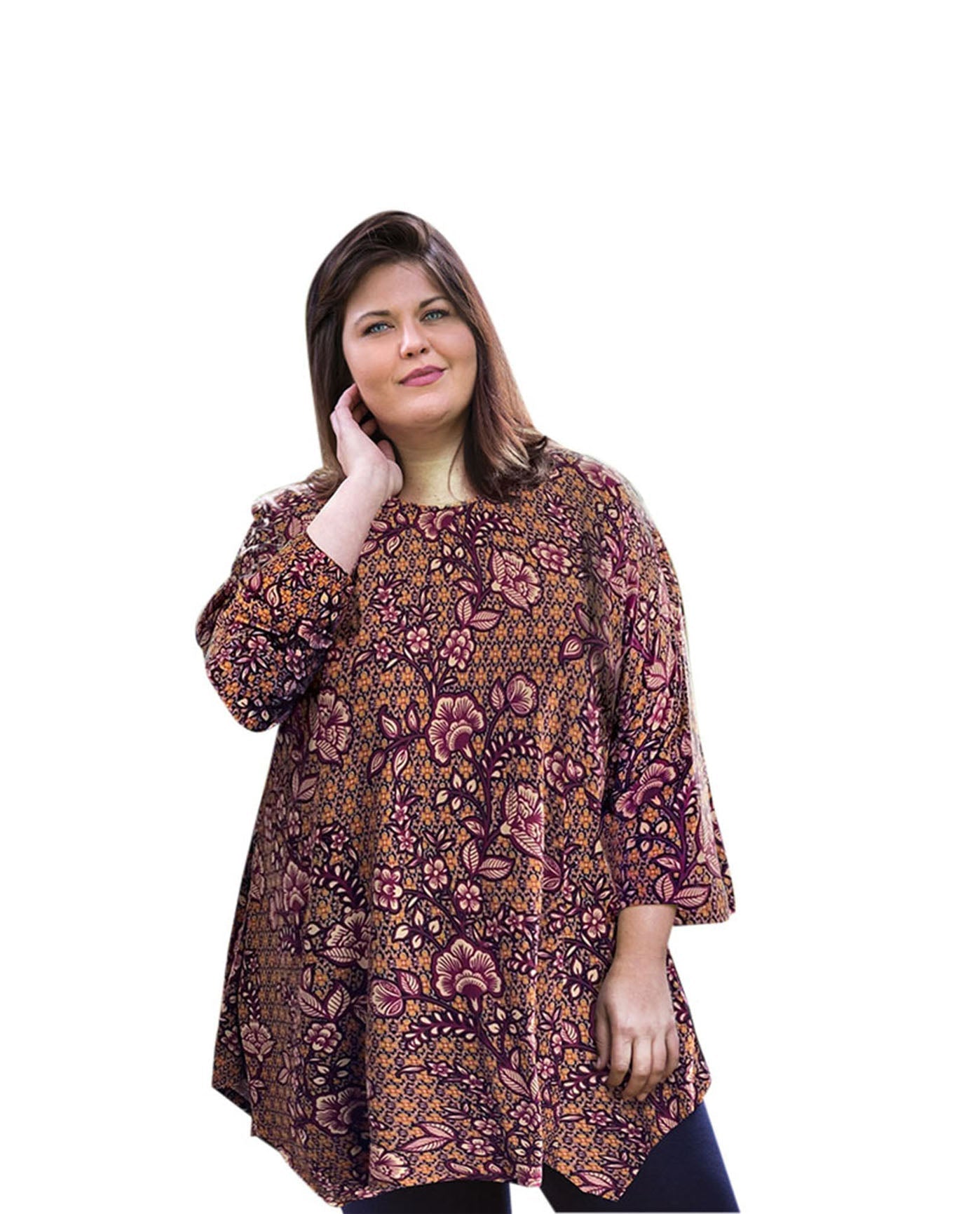 Front of Printed Matsin Plus Size Tunic | 270 OTPS Floral Paisley