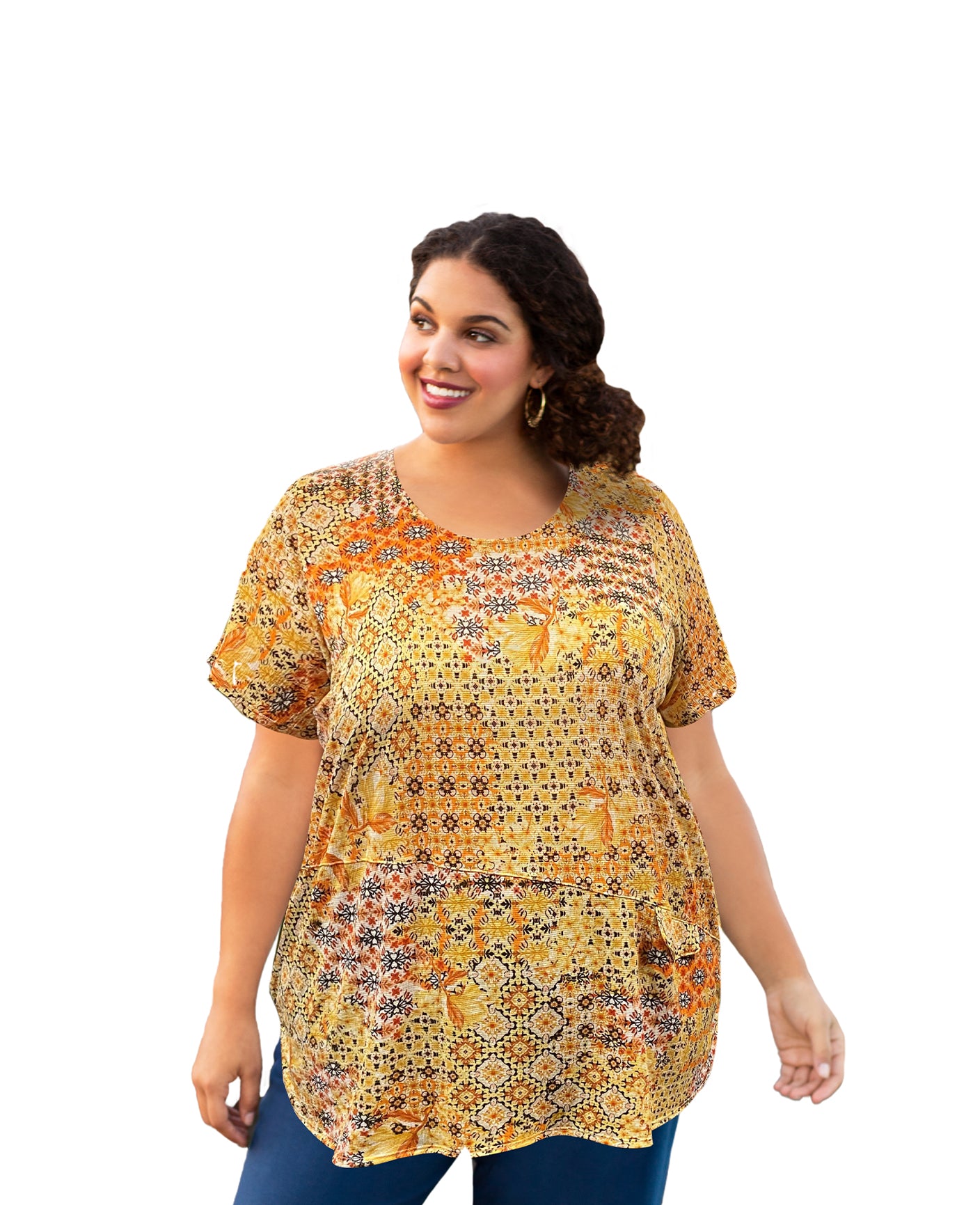 Front of Printed Tyler Flair Short Sleeve Plus Size Top | 247 OTPS Yellow Patchwork