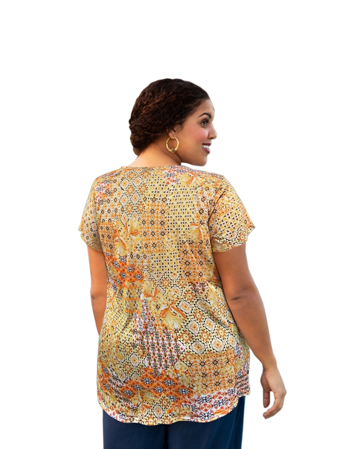 Back of Printed Tyler Flair Short Sleeve Plus Size Top | 247 OTPS Yellow Patchwork