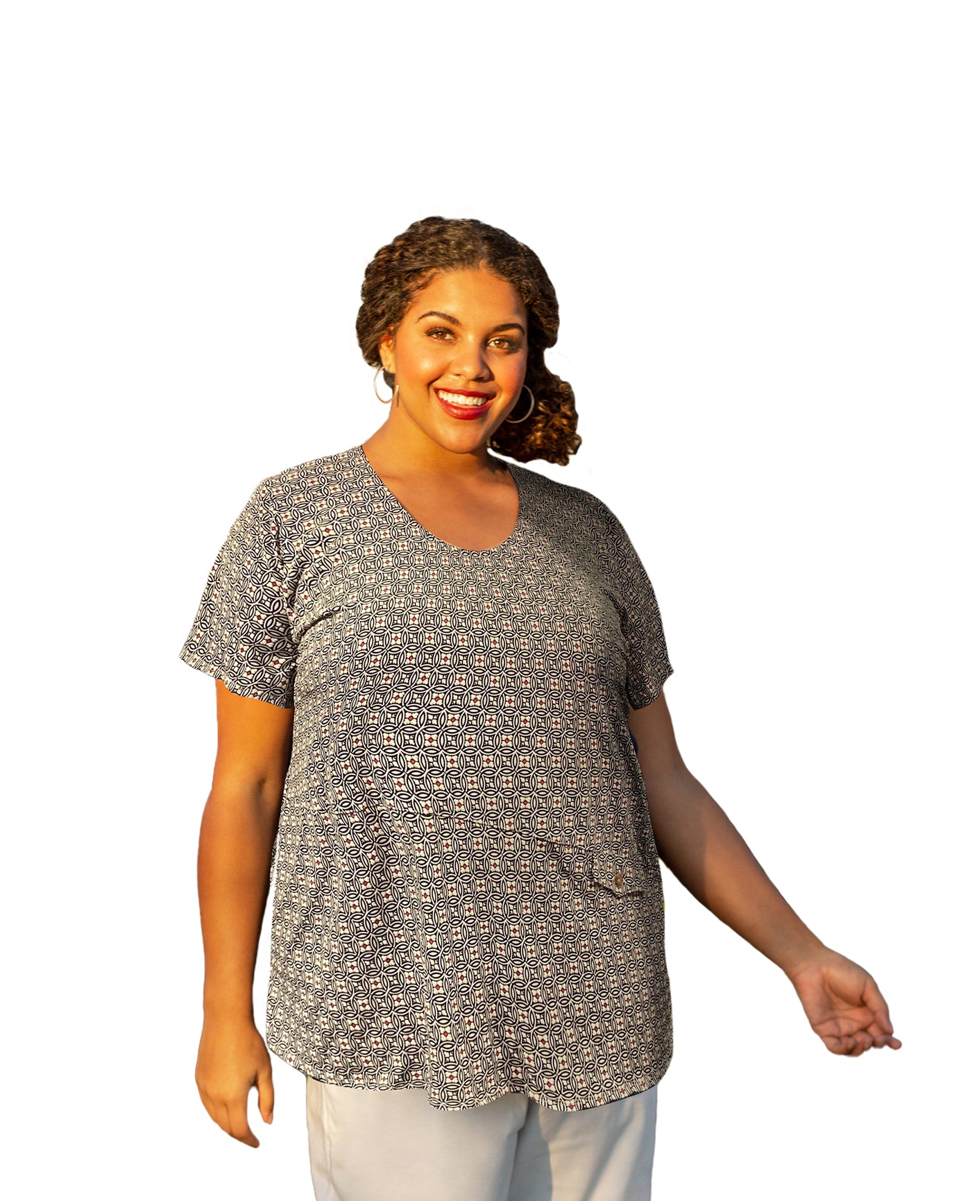 Front of Printed Tyler Flair Short Sleeve Plus Size Top | 248 OTPS Black Geo Knots