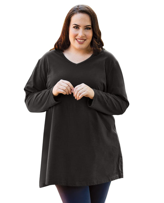 Front View of On The Plus Side Black Plus Size Jersey V-Neck Long Sleeve Tunic |  OTPS BLACK