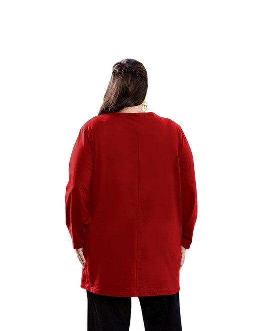 Back of Plus Size Jersey V-Neck Long Sleeve Tunic | 003 OTPS Red