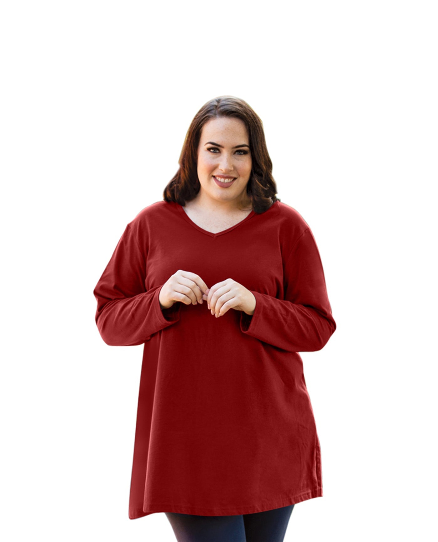 Front of Plus Size Jersey V-Neck Long Sleeve Tunic | 003 OTPS Red