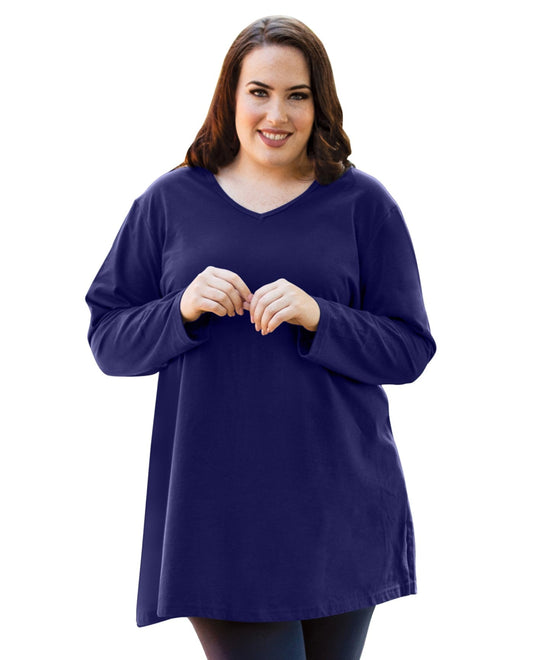 Front View of On The Plus Side Blueberry Plus Size Jersey V-Neck Long Sleeve Tunic |  OTPS BLUEBERRY