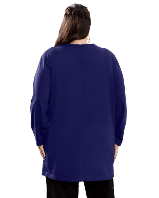 Back View of On The Plus Side Blueberry Plus Size Jersey V-Neck Long Sleeve Tunic |  OTPS BLUEBERRY
