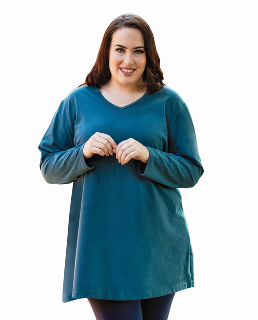 Front View of On The Plus Side Deep Sea Plus Size Jersey V-Neck Long Sleeve Tunic |  OTPS DEEP SEA