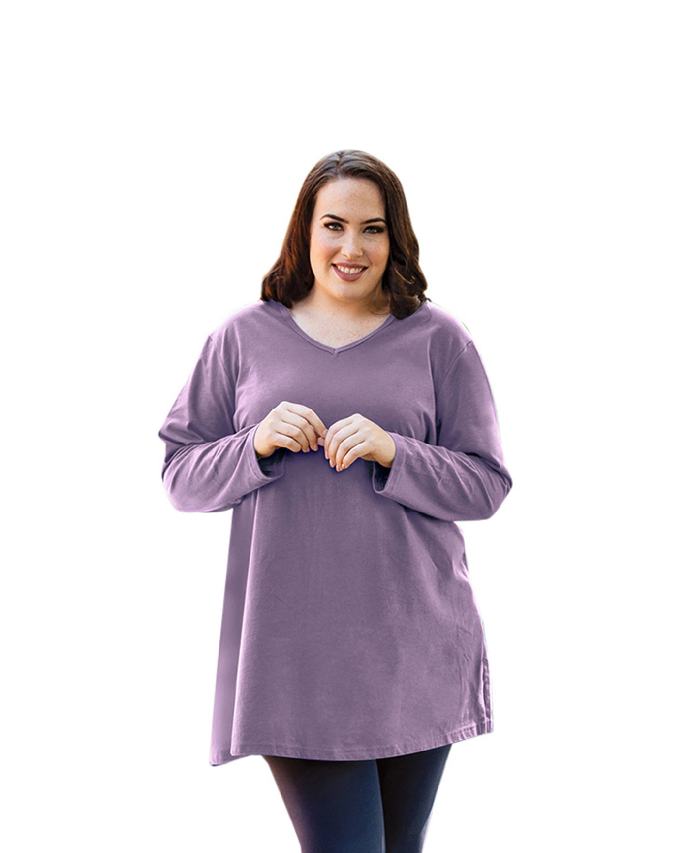 Front of Plus Size Jersey V-Neck Long Sleeve Tunic | 043 OTPS Dusty Lavender