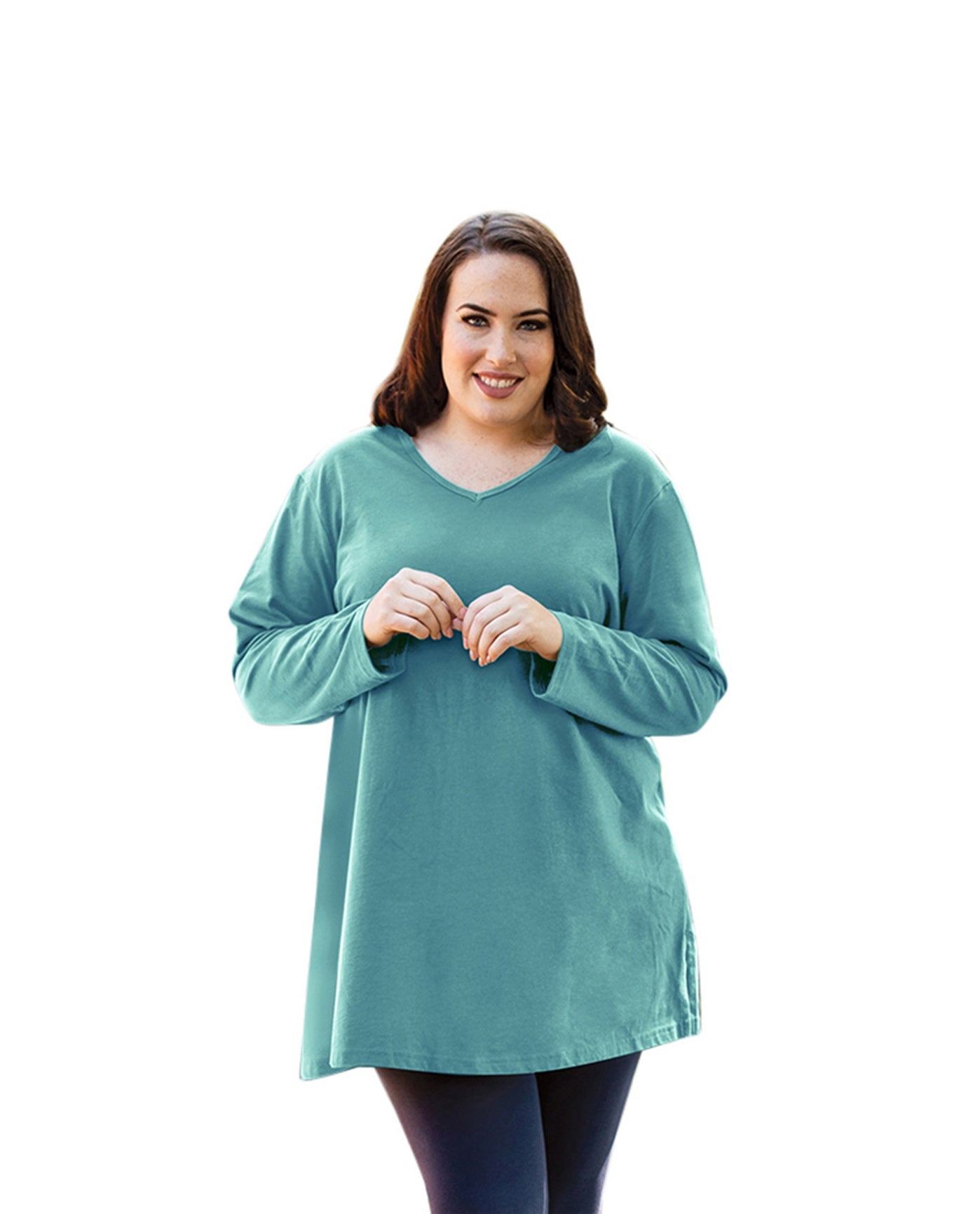 Front of Plus Size Jersey V-Neck Long Sleeve Tunic | 044 OTPS Emerald Green