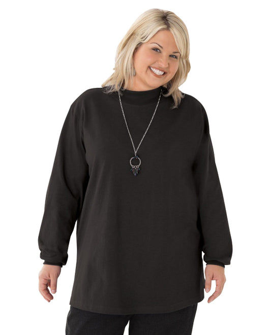 Front View of On The Plus Side Black Plus Size Cotton Jersey Mock Turtleneck Long Sleeve Top |  OTPS BLACK