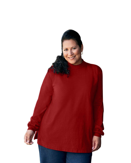 Front of Plus Size Cotton Jersey Mock Turtleneck Long Sleeve Top | 003 OTPS Red