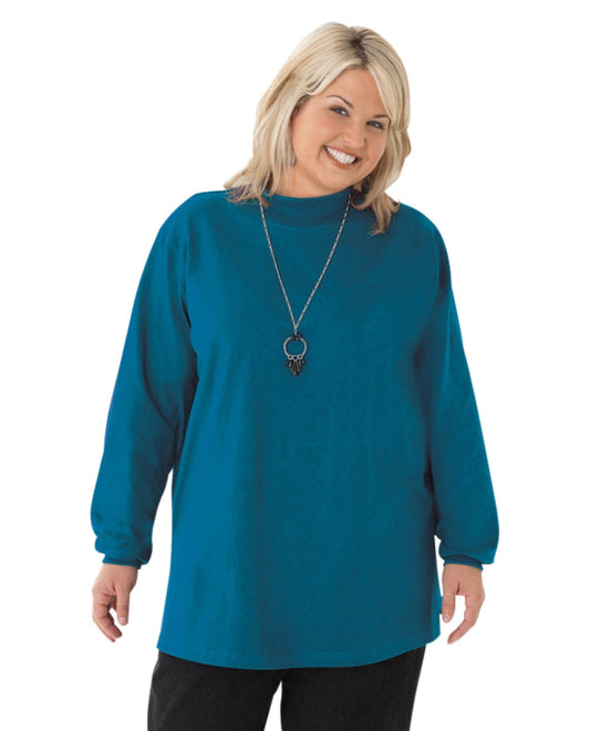 Front View of On The Plus Side Deep Sea Plus Size Cotton Jersey Mock Turtleneck Long Sleeve Top |  OTPS DEEP SEA