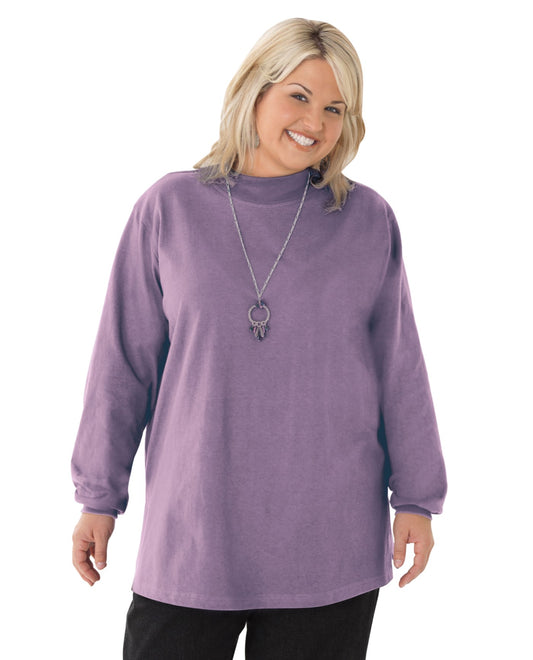 Front View of On The Plus Side Dusty Lavender Plus Size Cotton Jersey Mock Turtleneck Long Sleeve Top | 043 OTPS DUSTY LAVENDER
