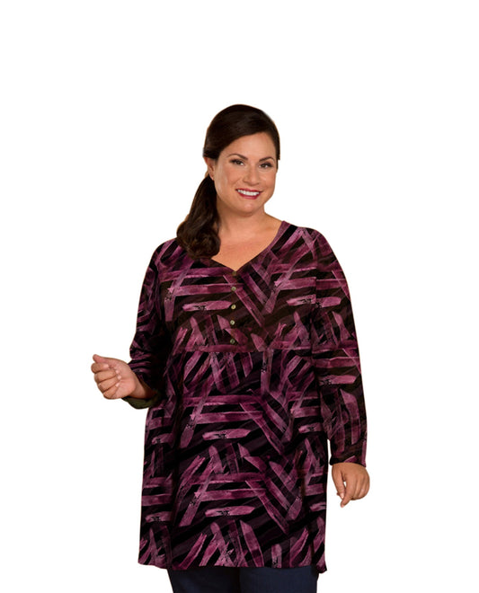 Front of Plus Size Des Fleurs Babydoll Long Sleeve Top | 209 OTPS Purple Stripes