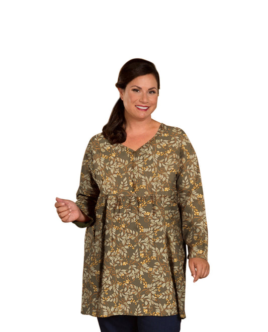 Front of Plus Size Des Fleurs Babydoll Long Sleeve Top | 211 OTPS Autumn Grape Vine