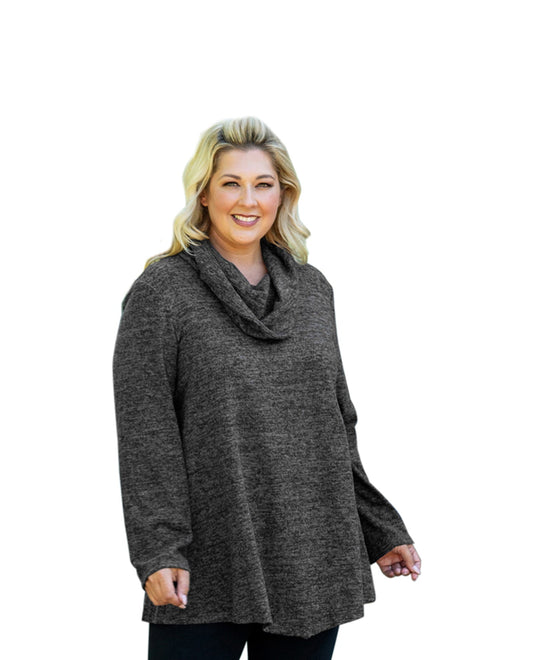 Front of Brushed Hacci Cowl Long Sleeve Plus Size Tunic | 001 OTPS Heathered Black