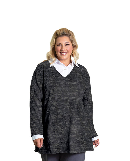 Front of Plus Size Brushed Hacci Hampton Long Sleeve V-Neck Tunic | 001 OTPS Black Grey Heather