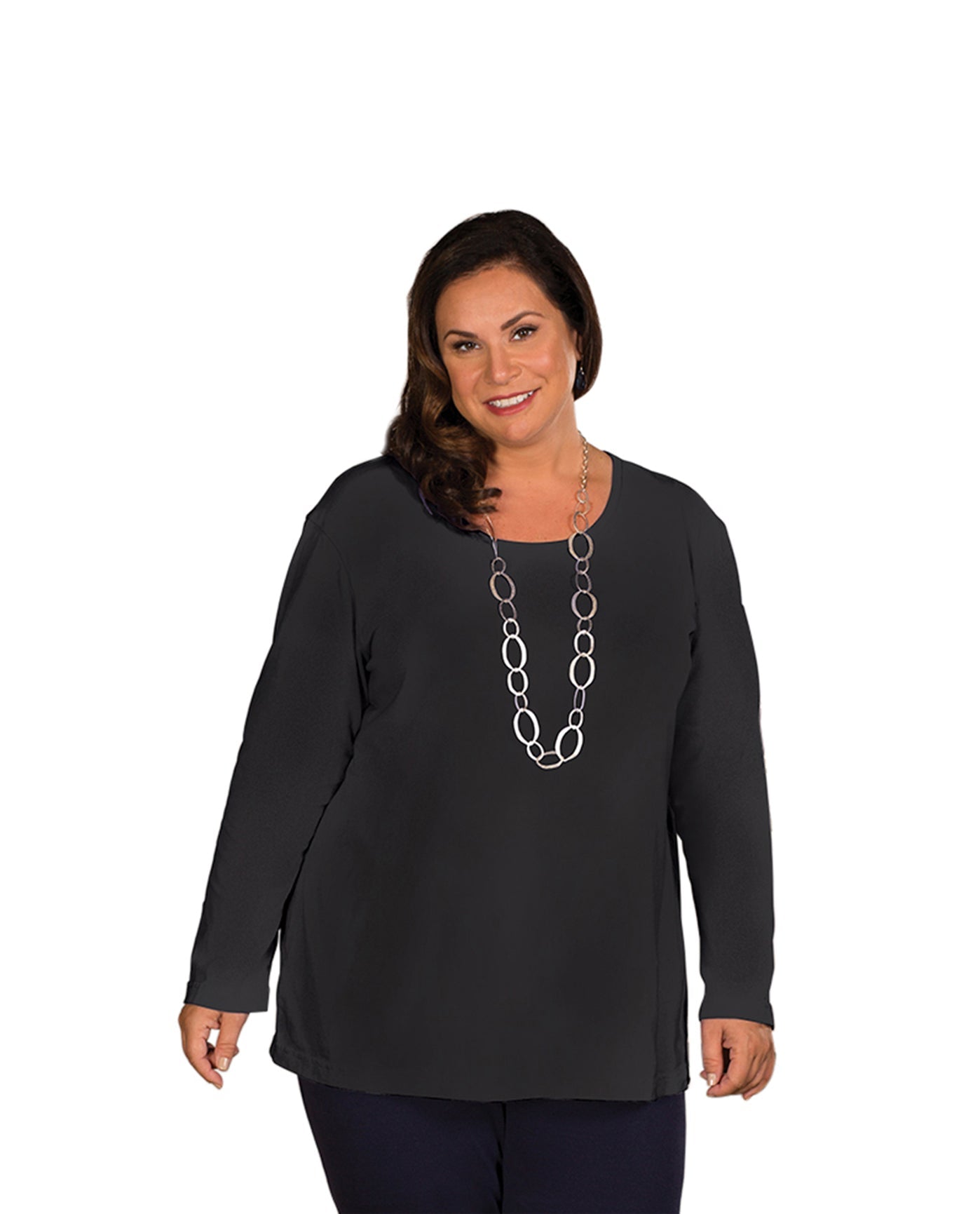 Front of Plus Size Jersey Long Sleeve U-Neck Tee | 001 OTPS Black