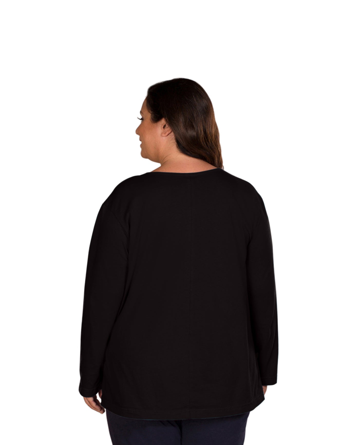 Back of Plus Size Jersey Long Sleeve U-Neck Tee | 001 OTPS Black