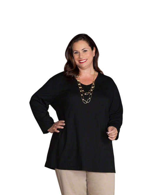 Front of Plus Size Jersey Long Sleeve V-Neck Tee | 001 OTPS Black