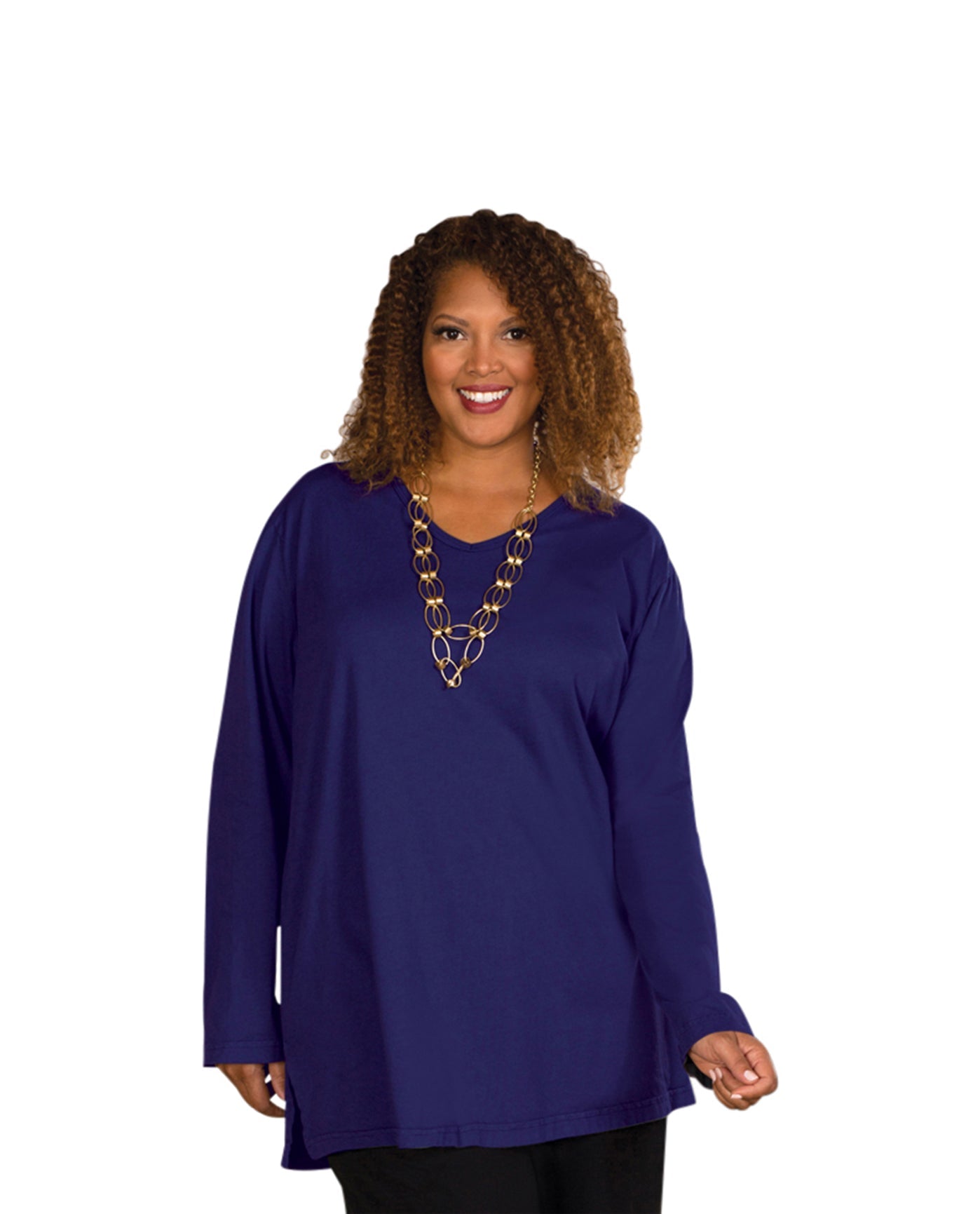 Front of Plus Size Jersey Long Sleeve V-Neck Tee | 004 OTPS Blueberry