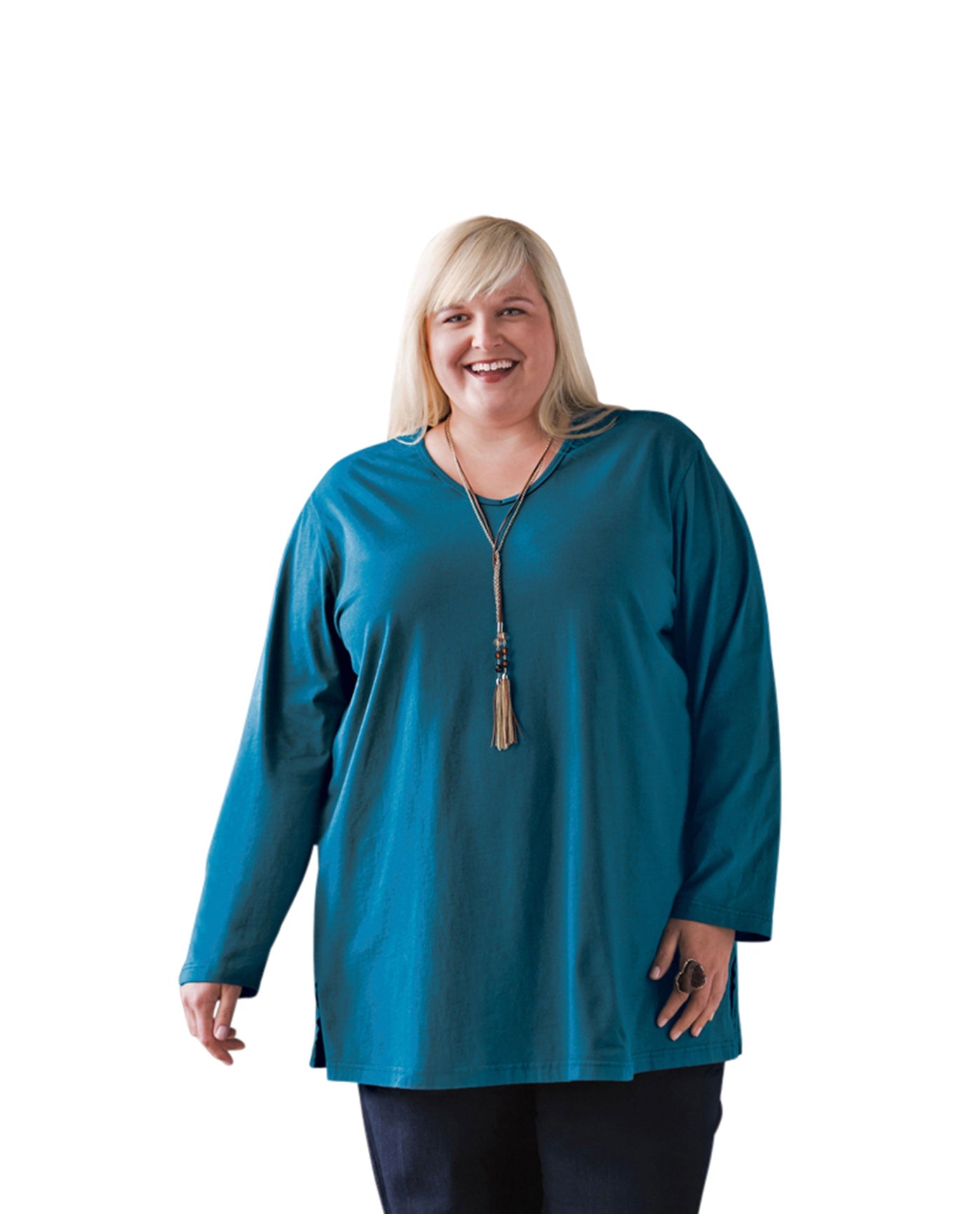 Front of Plus Size Jersey Long Sleeve V-Neck Tee | 006 OTPS Deep Sea