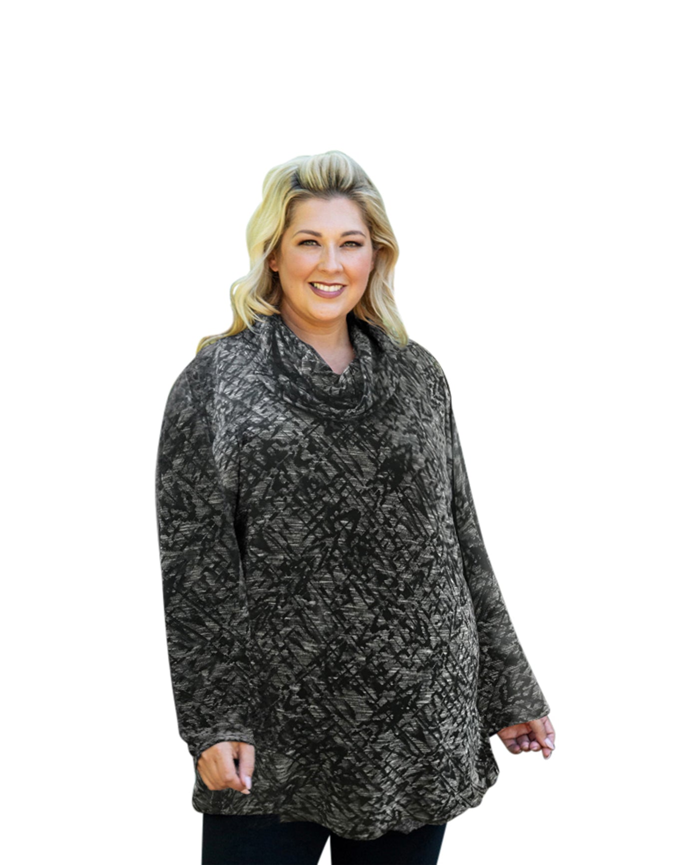 Front of Plus Size Cowl Long Sleeve Tunic | 252 OTPS Ivory Black