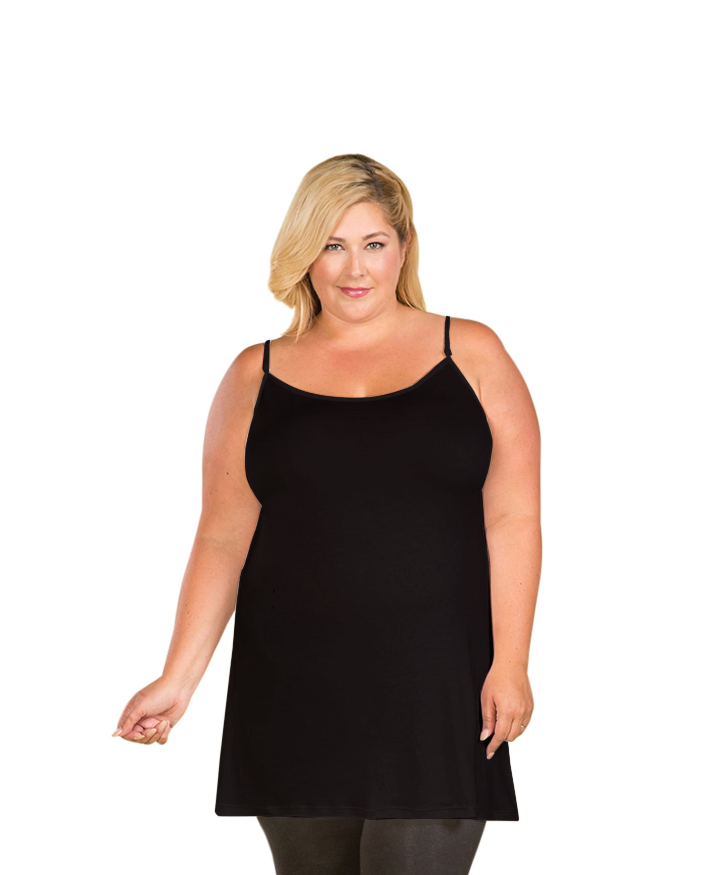 Front of Plus Size Cotton Jersey Camisole Layering Tank Top | 001 OTPS Black