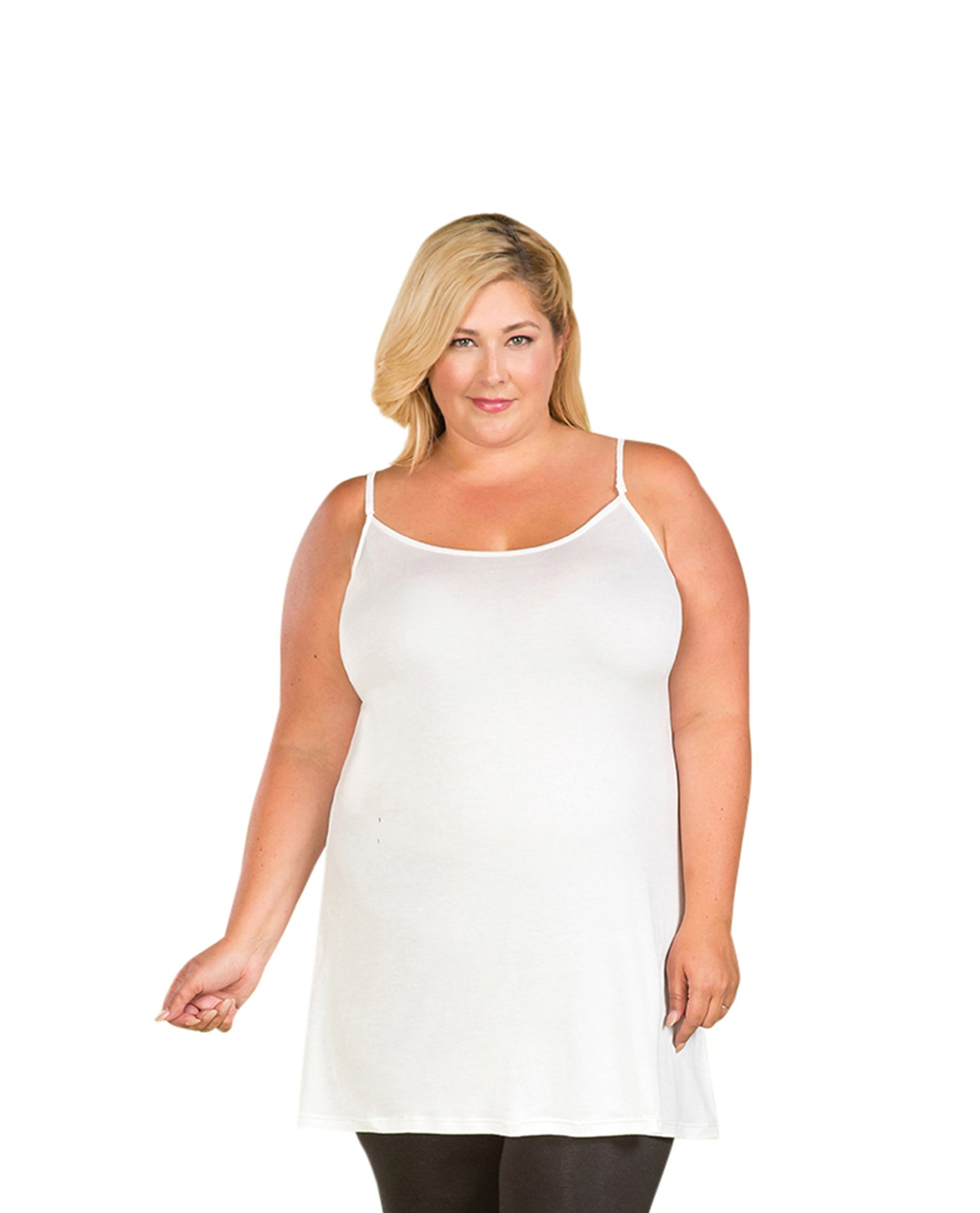 Front of Plus Size Cotton Jersey Camisole Layering Tank Top | 002 OTPS White