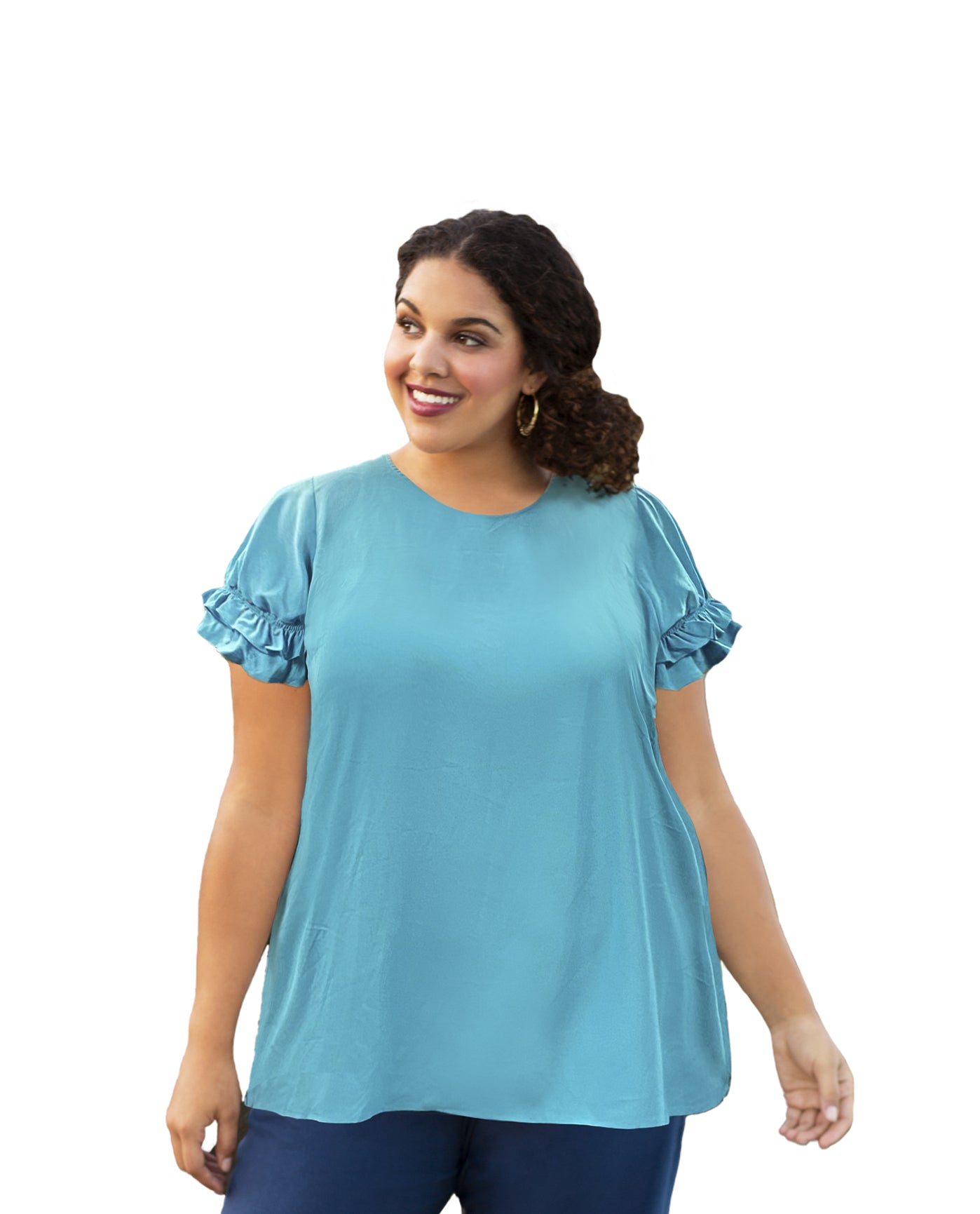 Front of Short Sleeve Ruffle Plus Size Blouse | 037 OTPS Seafoam