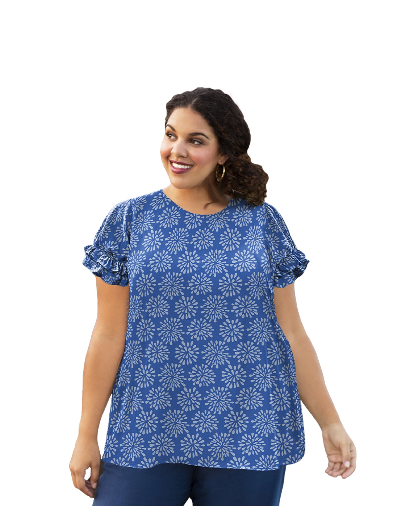 Front of Short Sleeve Ruffle Plus Size Blouse | 226 OTPS Blue Globe Floral