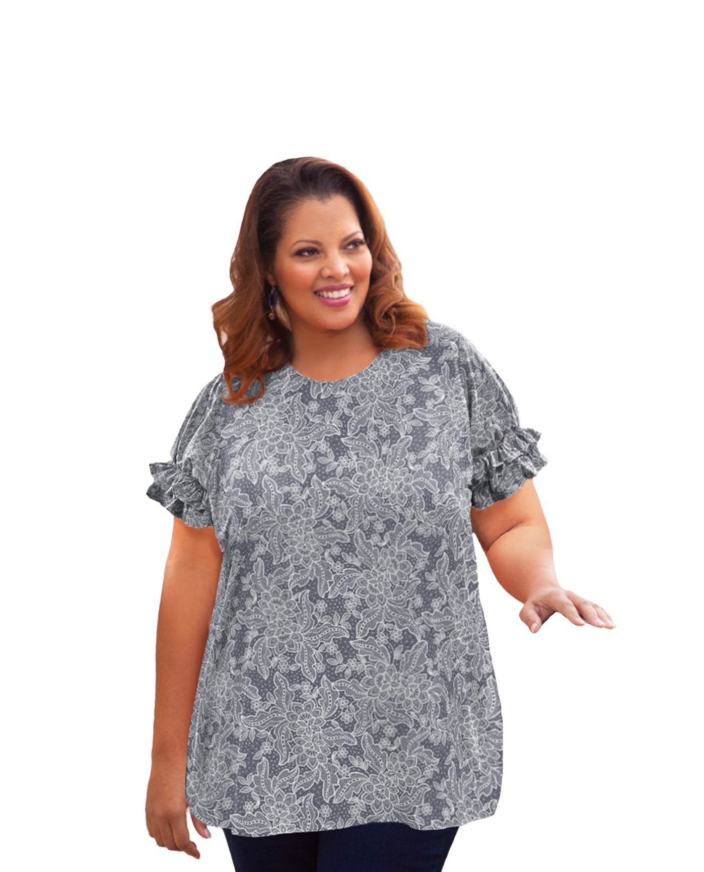 Front of Short Sleeve Ruffle Plus Size Blouse | 236 OTPS Gray Floral