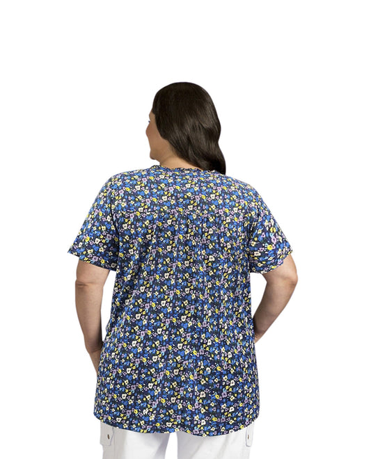 Back of Printed Short Sleeve Ruffle and Tie Plus Size Peasant Top | 234 OTPS Blue Multi Floral