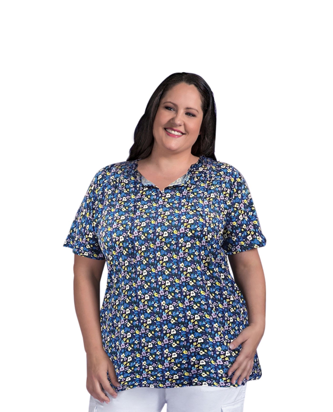 Front of Printed Short Sleeve Ruffle and Tie Plus Size Peasant Top | 234 OTPS Blue Multi Floral