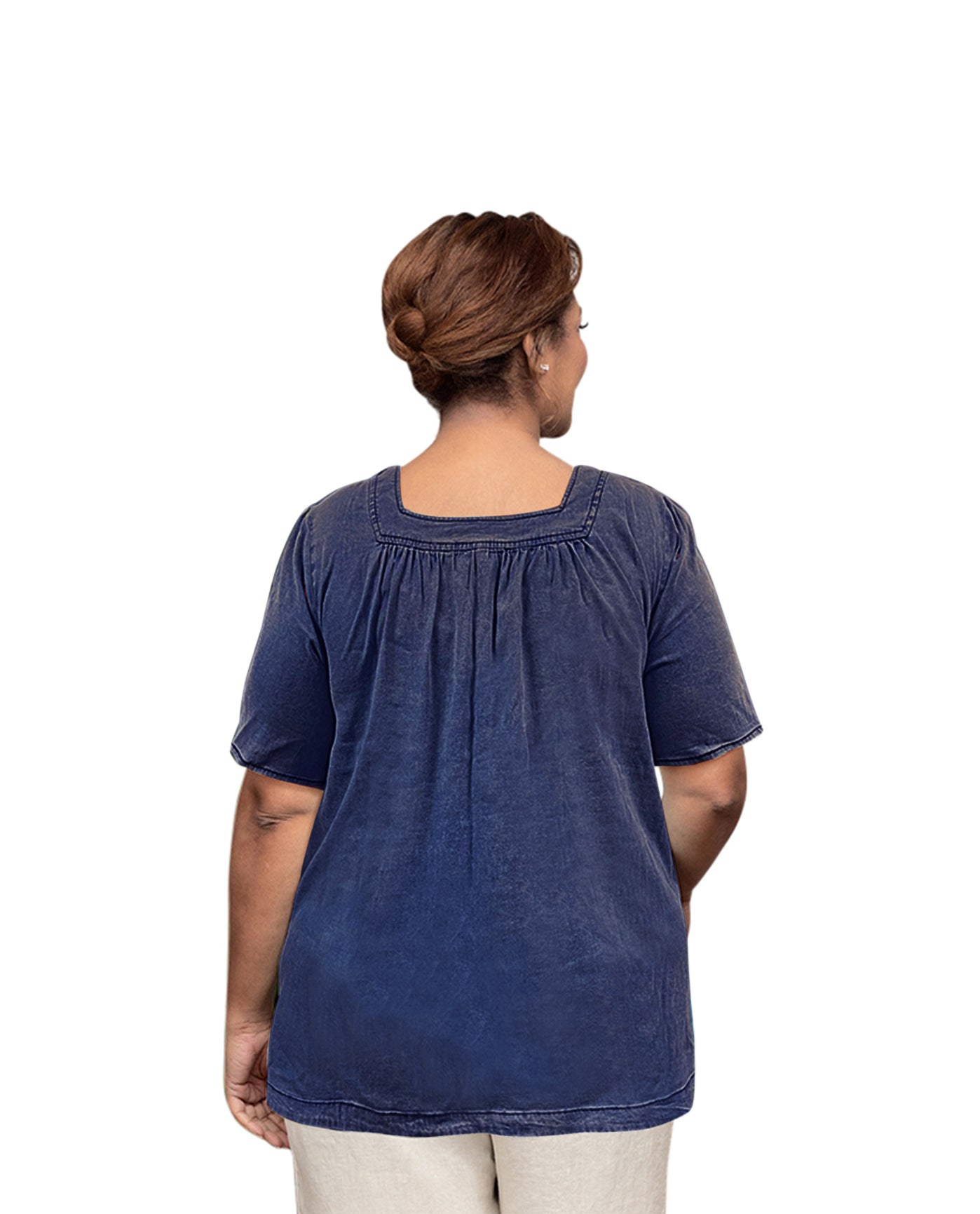 Back of Chambray Short Sleeve Pop Over Plus Size Top | 022 OTPS Dark Wash Denim