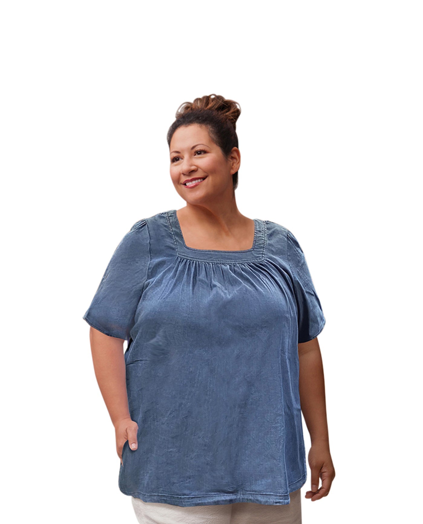 Front of Chambray Short Sleeve Pop Over Plus Size Top | 022 OTPS Dark Wash Denim