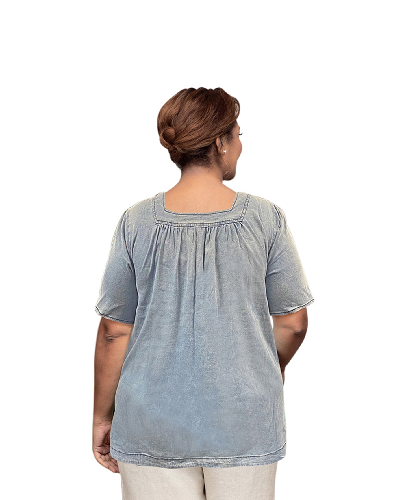 Back of Chambray Short Sleeve Pop Over Plus Size Top | 033 OTPS Light Wash Denim