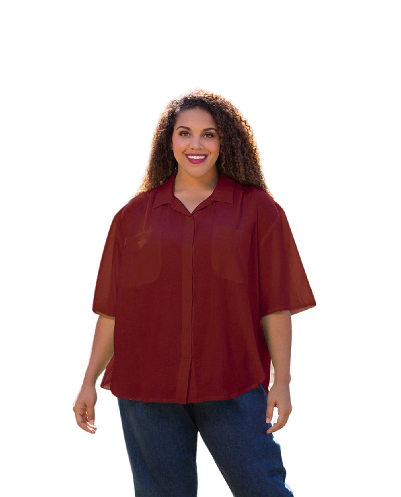 Front of Plus Size Crinkle Cotton Short Sleeve Collar Button Up Shirt | 003 OTPS Currant Red