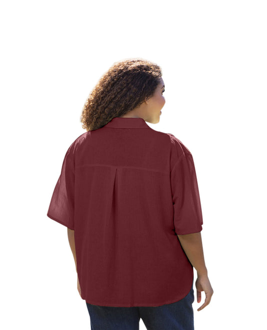 Back of Plus Size Crinkle Cotton Short Sleeve Collar Button Up Shirt | 003 OTPS Currant Red