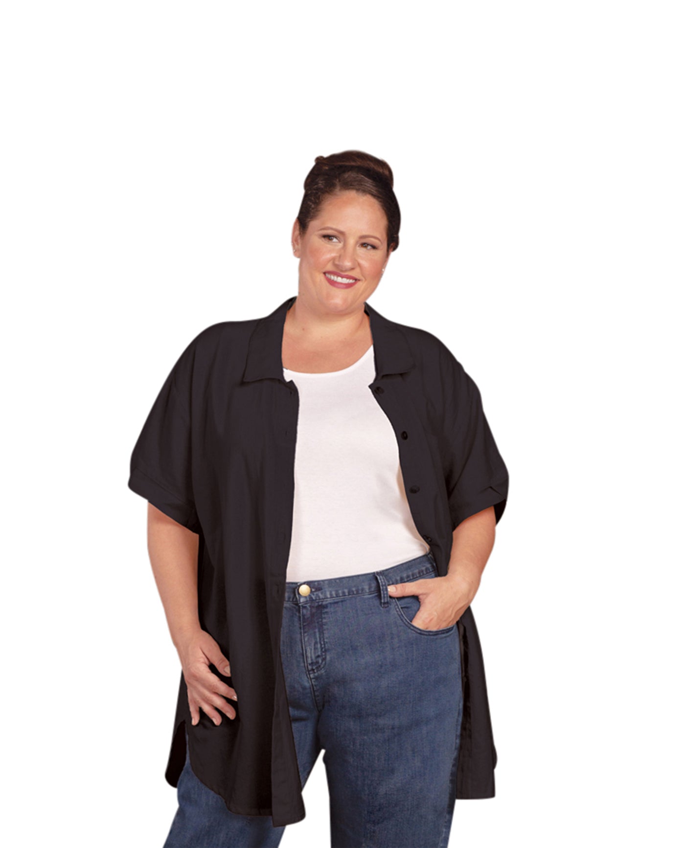 Front of Plus Size Crinkle Cotton Short Sleeve Collar Button Up Kendall Tunic | 001 OTPS Black