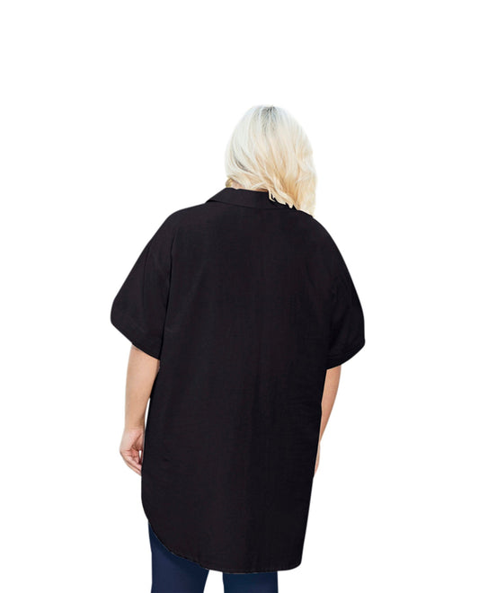 Back of Plus Size Crinkle Cotton Short Sleeve Collar Button Up Kendall Tunic | 001 OTPS Black