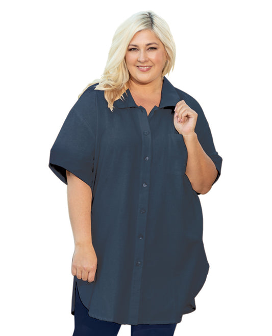 Front View of On The Plus Side Marine Blue Plus Size Crinkle Cotton Short Sleeve Collar Button Up Kendall Tunic | OTPS MARINE BLUE