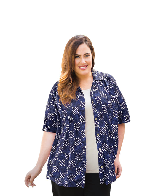 Front of Printed Short Sleeve Collar Button Up Elaine Plus Size Shirt | 223 OTPS Blue Tribal